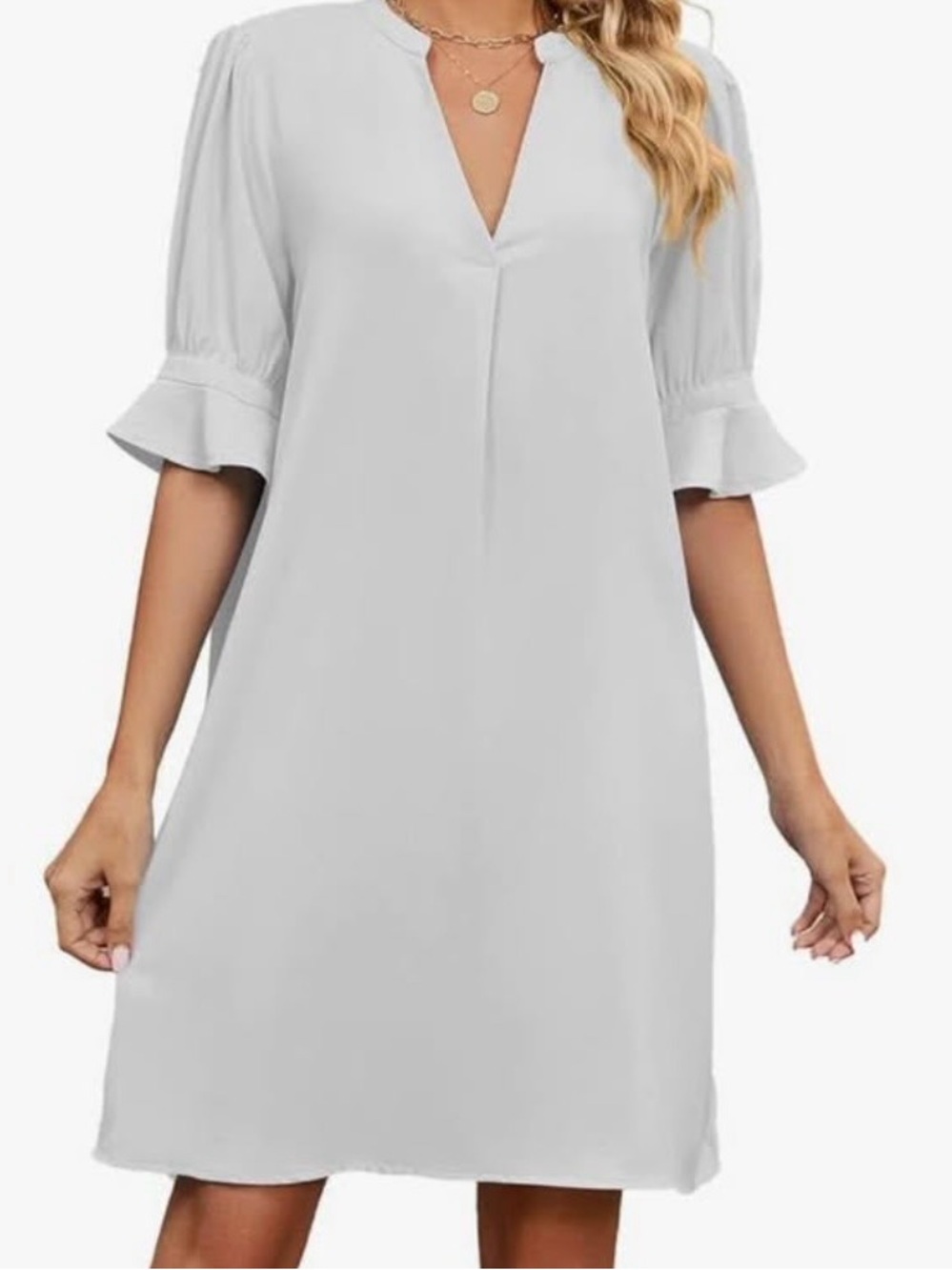 White V-Neck Ruffle Sleeve Women’s Dress